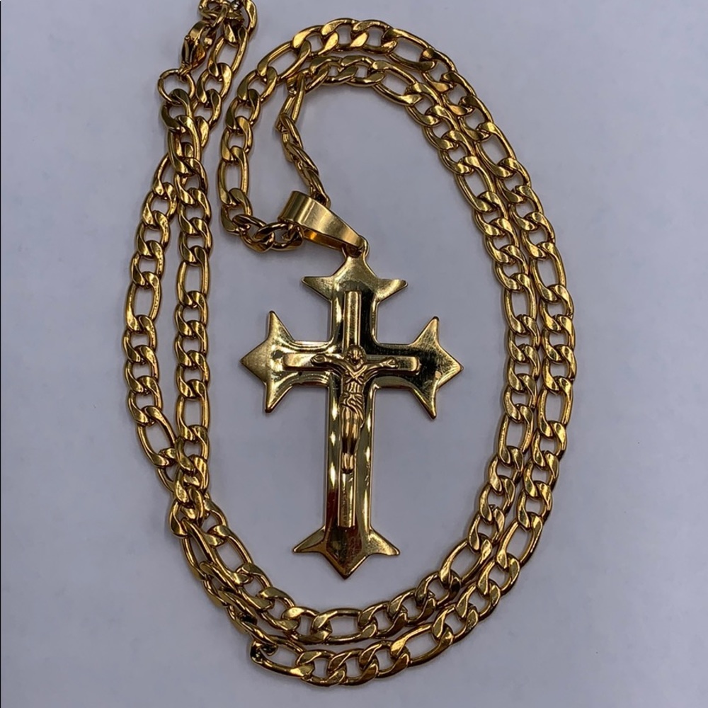 Stainles steel color gold chain and cros